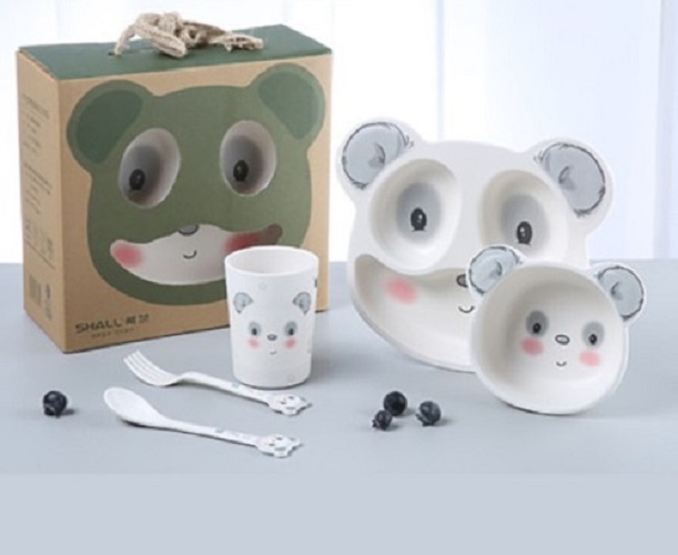 Bộ khay bát cốc thìa dĩa cho bé ăn dặm sợi tre hình gấu panda