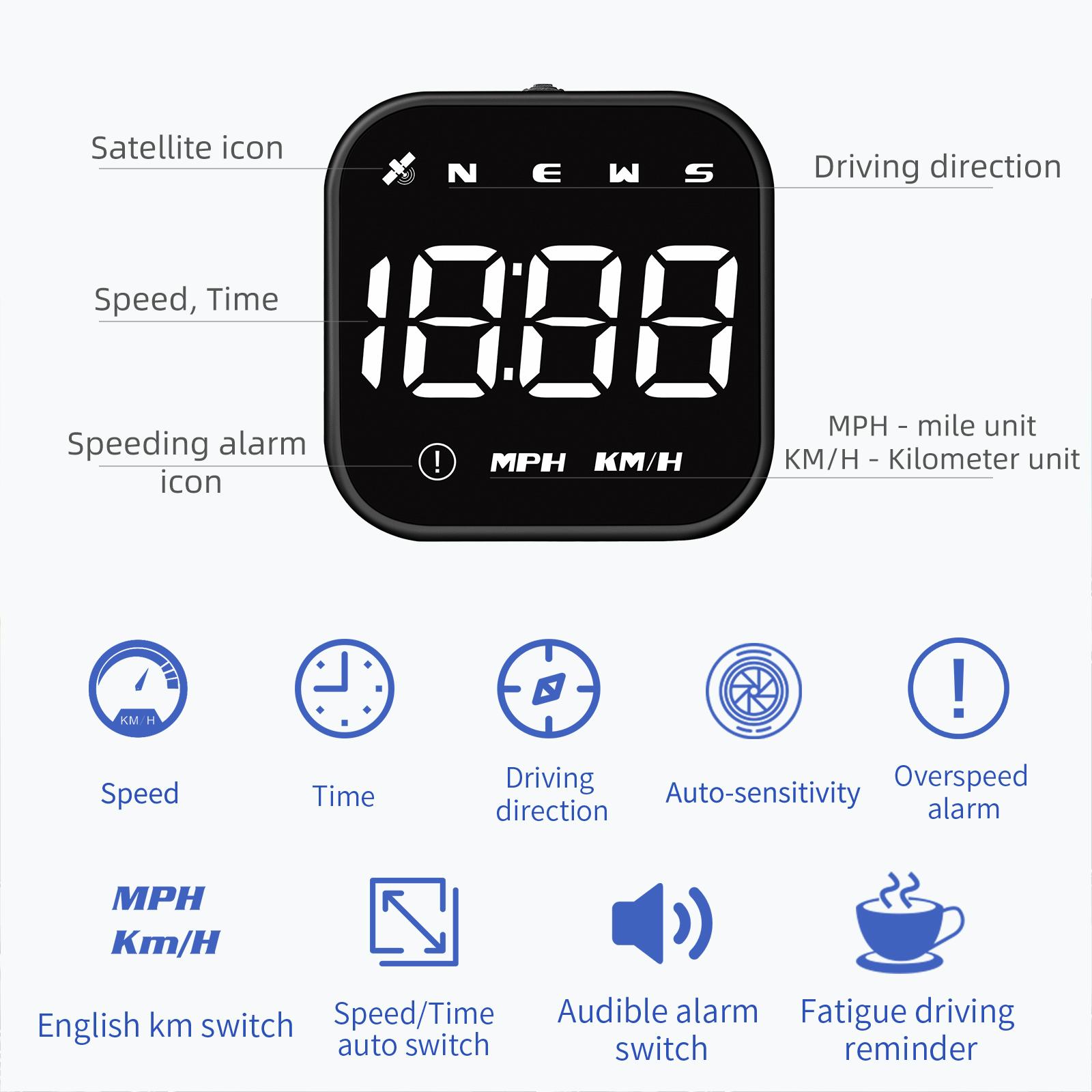 GPS Speedometer Heads up Display Driving Direction Time Display Overspeed Alarm Fatigue Driving Alarm