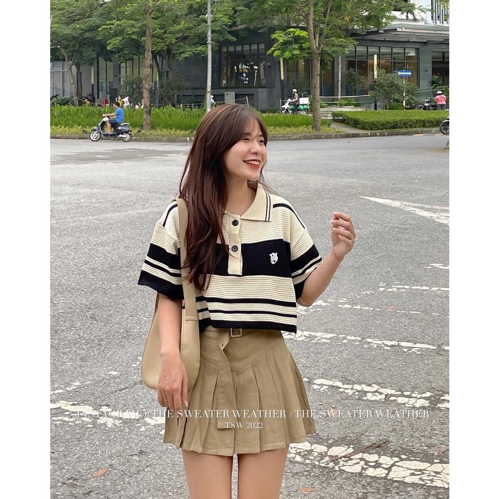 Áo len kẻ polo cộc tay - Áo croptop nữ len dệt kim dáng rộng tay ngắn kiểu cổ đức phong cách Hàn Quốc