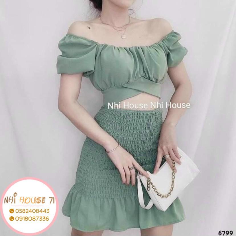  Set Đồ Nữ Dễ Thương NHIHOUSE71 Áo  Croptop Tay Phồng Váy Dún Lai Bèo Freesize Dưới 55kg