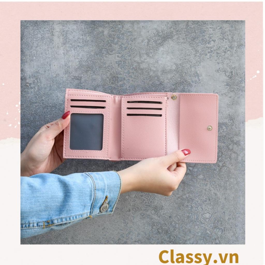 Ví nữ ngắn Classy dạng gập đính hoa, nhiều ngăn đựng thẻ, có nút bấm T1307