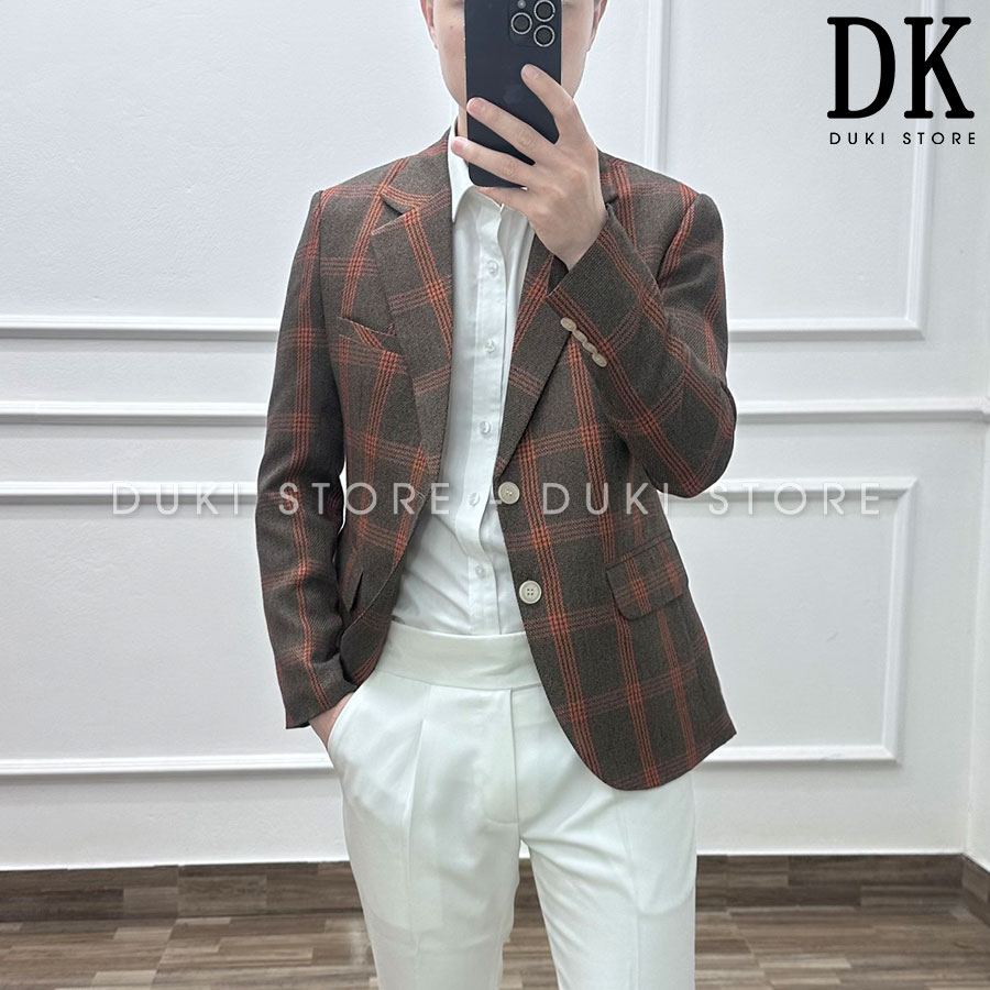 Áo vest nam, áo blazer nam 2 cúc Hàn Quốc kẻ caro màu nâu đỏ sang trọng ADK0011 - DUKI STORE
