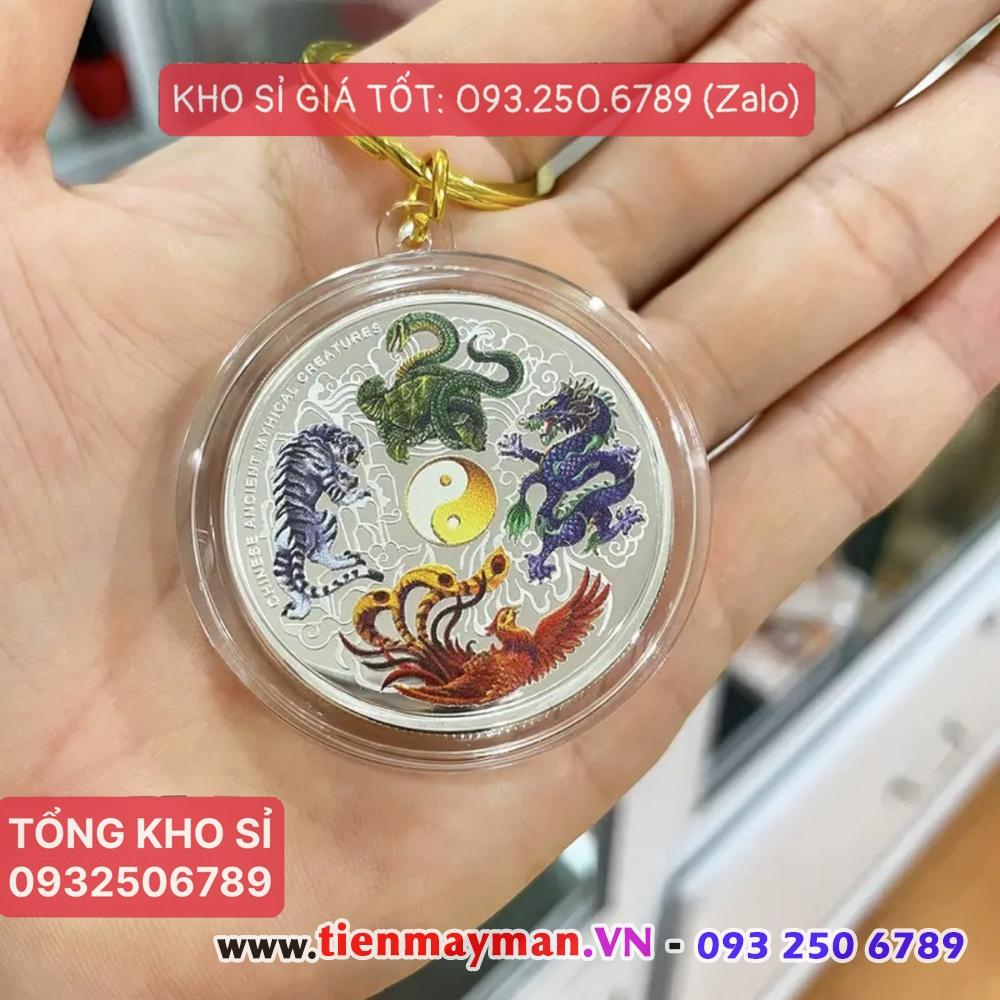 Móc khóa nhà, xe máy Đồng Xu Tứ Linh In Màu 3D Phong Thủy May Mắn, kèm Túi Gấm Đỏ - PASA COLLECTION