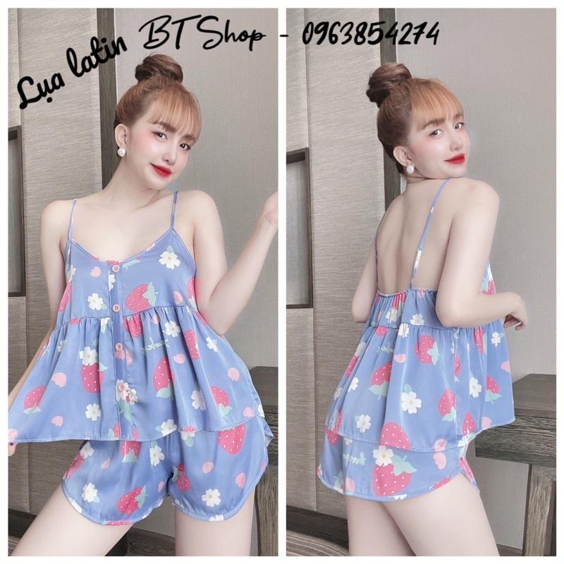 Đồ ngủ mặc nhà lụa latin 2 dây nút hoạ tiết freesize 42-57kg