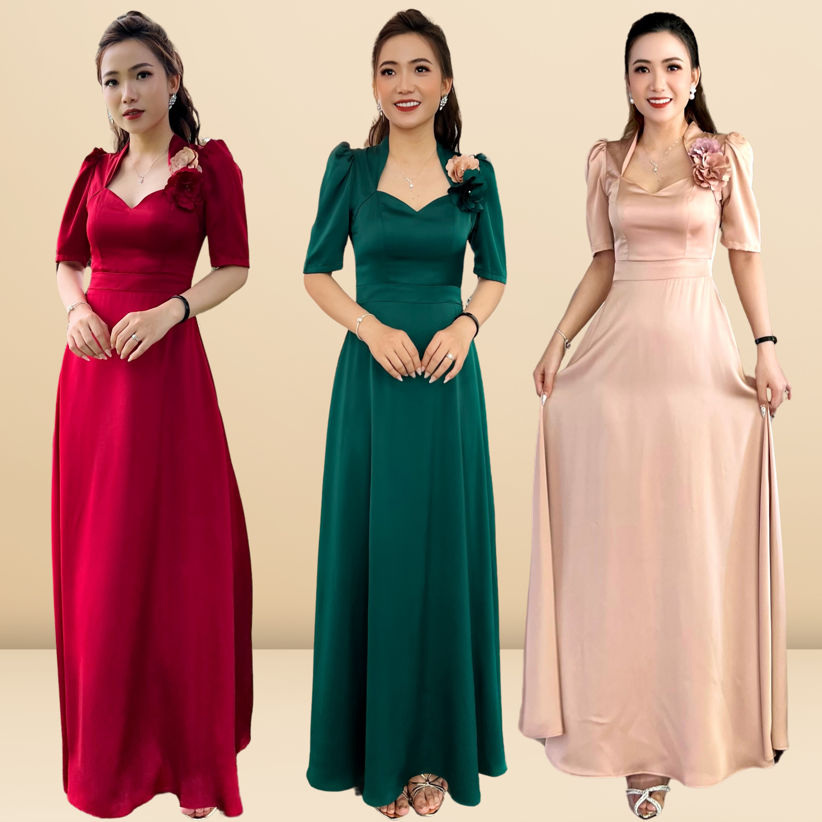 Đầm dạ hội nữ lụa trơn đi tiệc kết hoa cao cấp Amabel Dress Quỳnh Anh Luxury