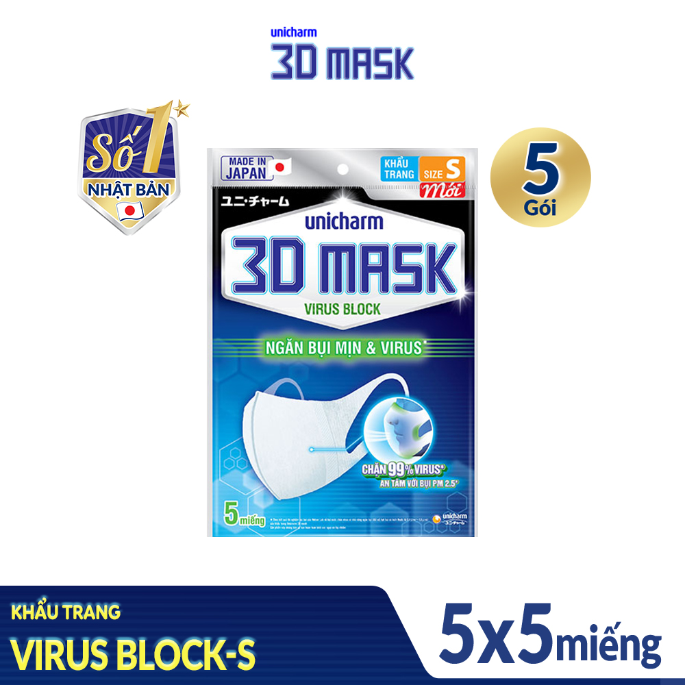 Bộ 5 Khẩu Trang Unicharm 3DMask Virus Block size S (Ngăn được bụi mịn PM2.5) gói 5 miếng