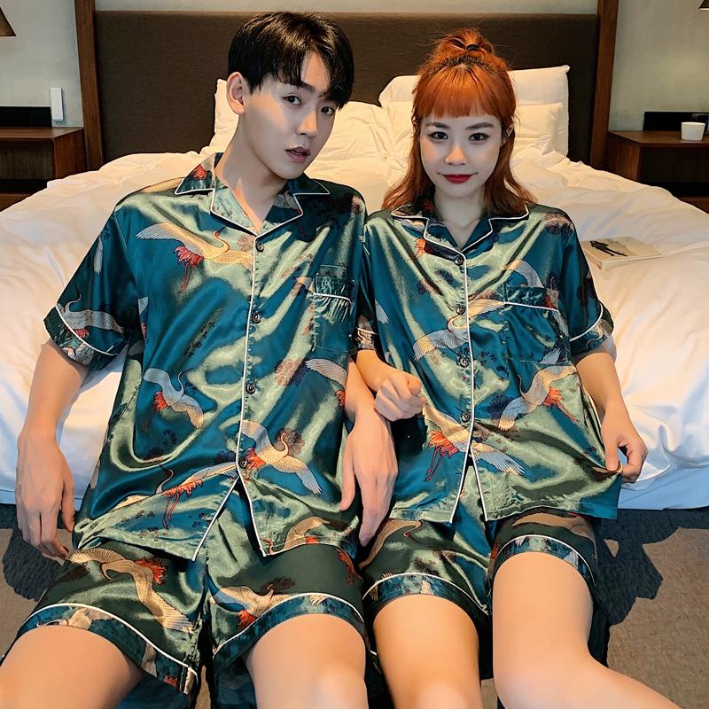 Trẻ Trung Người Yêu Bộ Đồ Ngủ Lụa Tơ Nữ Ngắn Tay Mùa Hè Bộ Pyjama Giải Trí Nhà Cặp Đôi Pijama Bộ Mềm Đồ Ngủ & áo Váy Ngủ