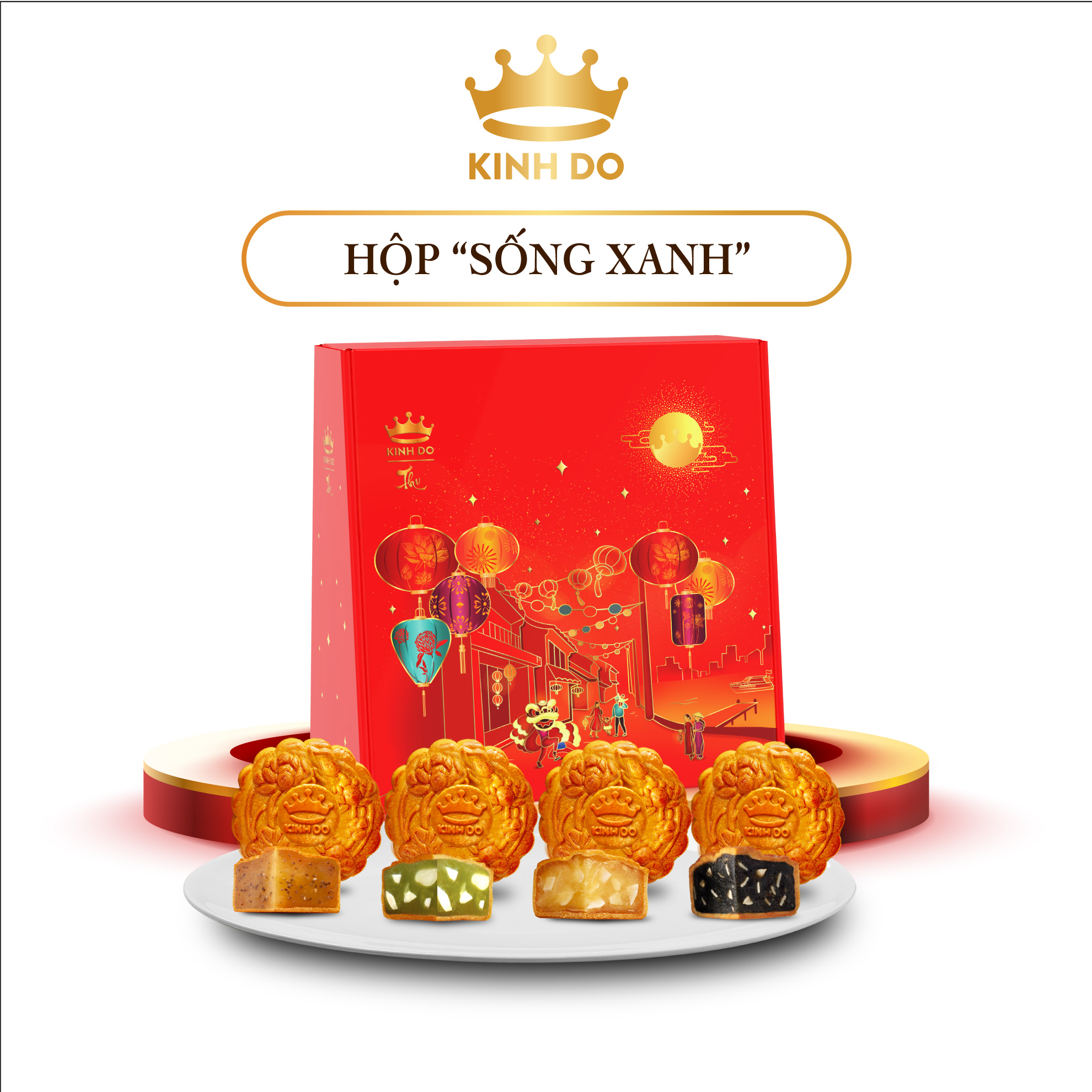Tặng lồng đèn giấy - Hộp 4 bánh trung thu Kinh Đô giảm đường tinh luyện &quot;Sống Xanh&quot; (3 bánh ăn kiêng x 150g + 1 bánh 1 trứng x 150g)