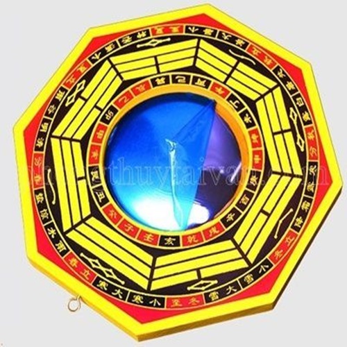 Gương Bát quái Tiên Thiên Lõm cạnh vàng tặng kèm bột ngũ vị bao sái, văn khấn.