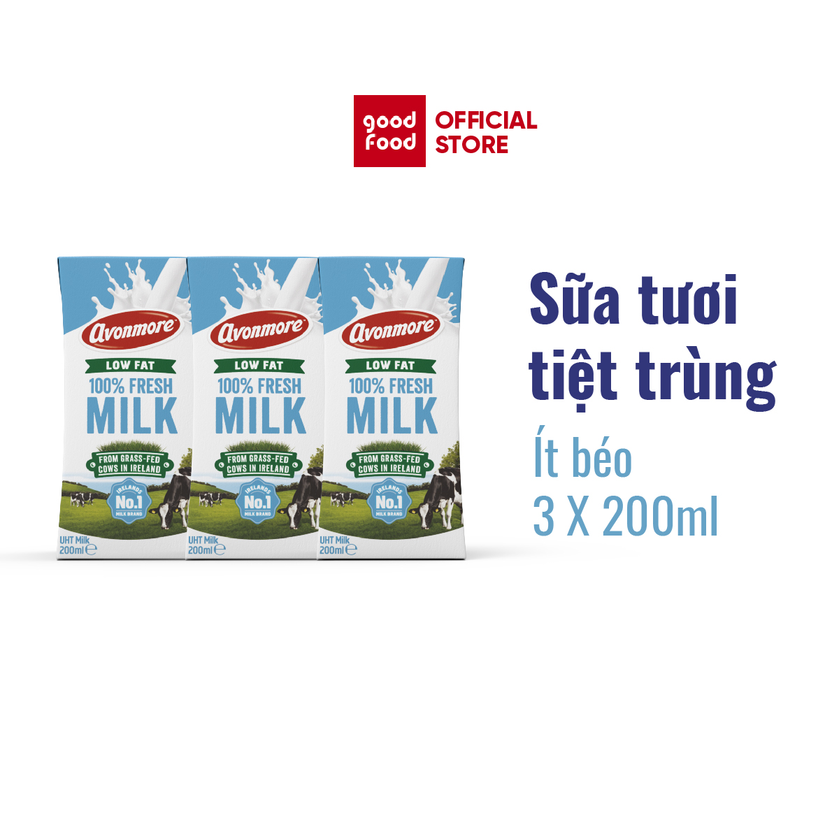 Lốc 3 hộp Sữa tươi ít béo tiệt trùng (không đường) Avonmore UHT Low Fat Milk 200ml