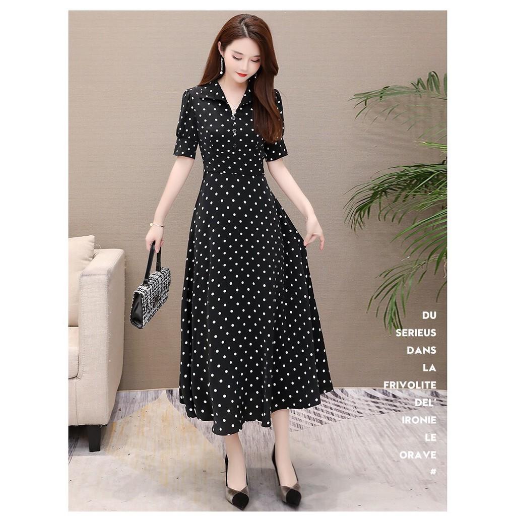 Đầm xòe châm bi tay lỡ cổ sơ mi QC265303