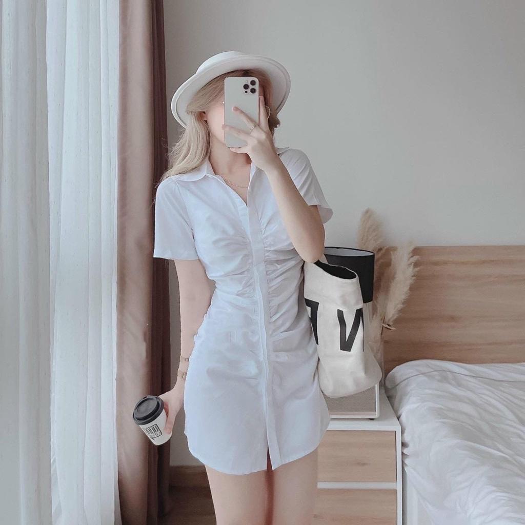 FREESHIP Đầm Cổ Sơ mi Nhún Cài Nút Thật Chất lụa mềm Cao Cấp thiết kế gợi cảm quyến rũ KDS