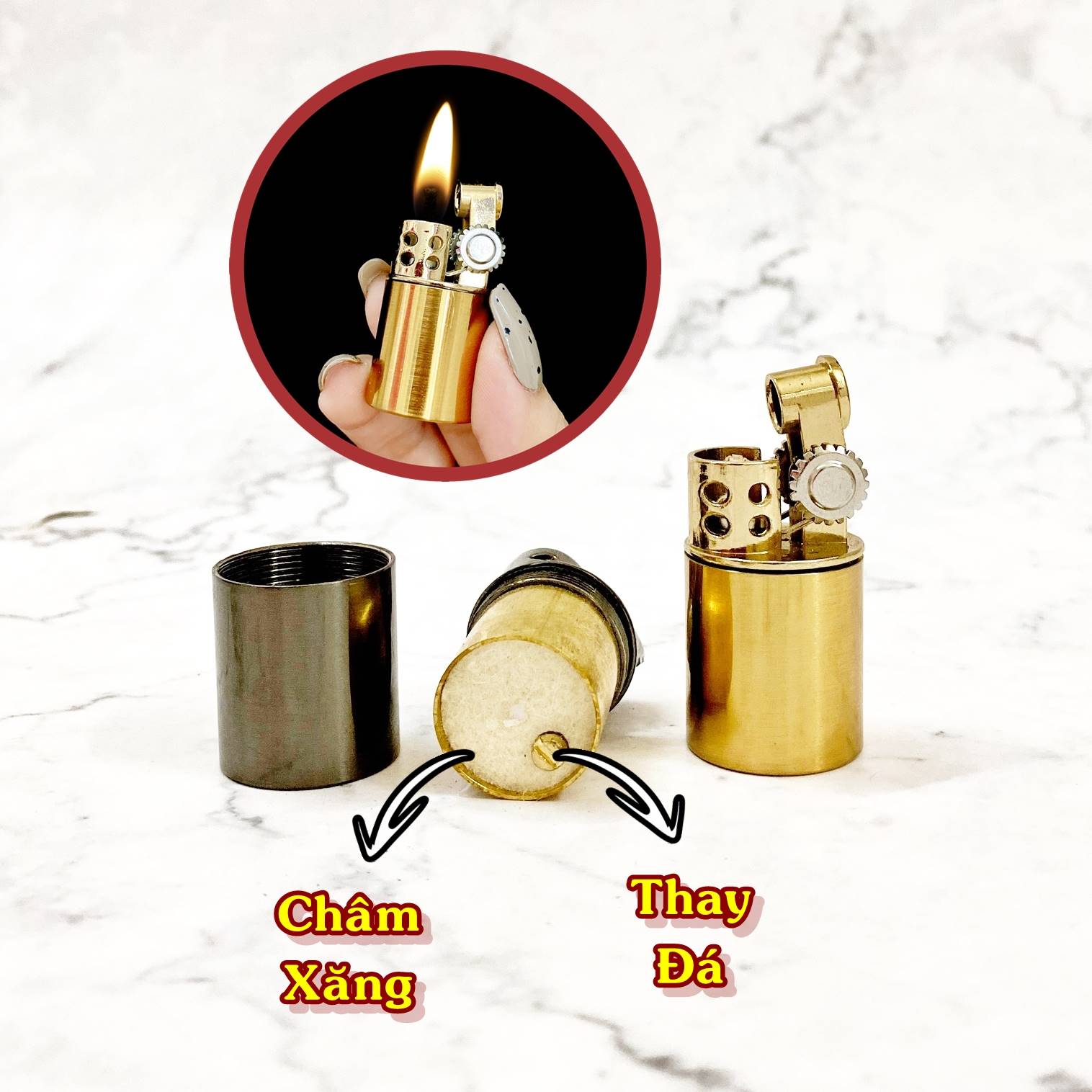 Hộp quẹt bật lửa xăng đá cổ hình trụ mini lùn kim loại -