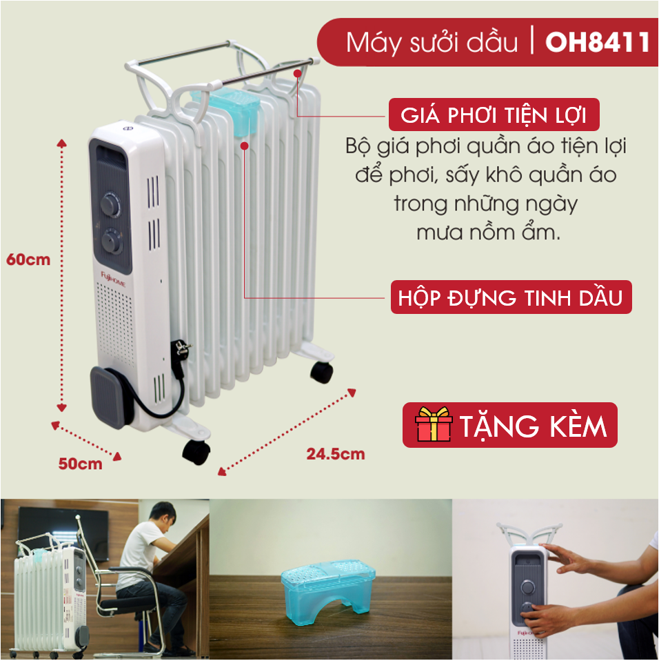 Máy sưởi dầu Nhật Bản Nhập Khẩu không khô da Fujihome 11 thanh, máy lò sưởi ấm điện phòng không đốt oxy tự ngắt không gốm mini heaters - Hàng Chính Hãng