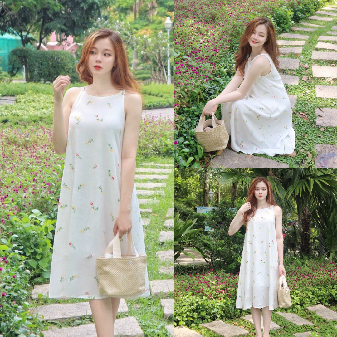 Đầm yếm dáng suông dài qua gối, Đầm maxi form rộng Cao Cấp trắng in hoa nhí, sát nách cổ tròn MiNhi