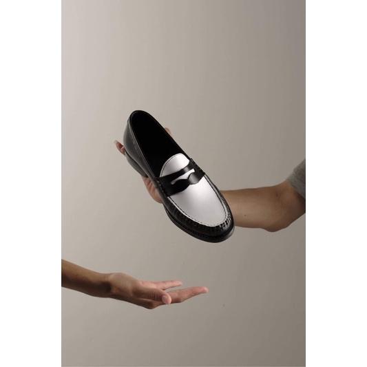 Penny Loafer Black White, giày lười nam da thật đế phíp