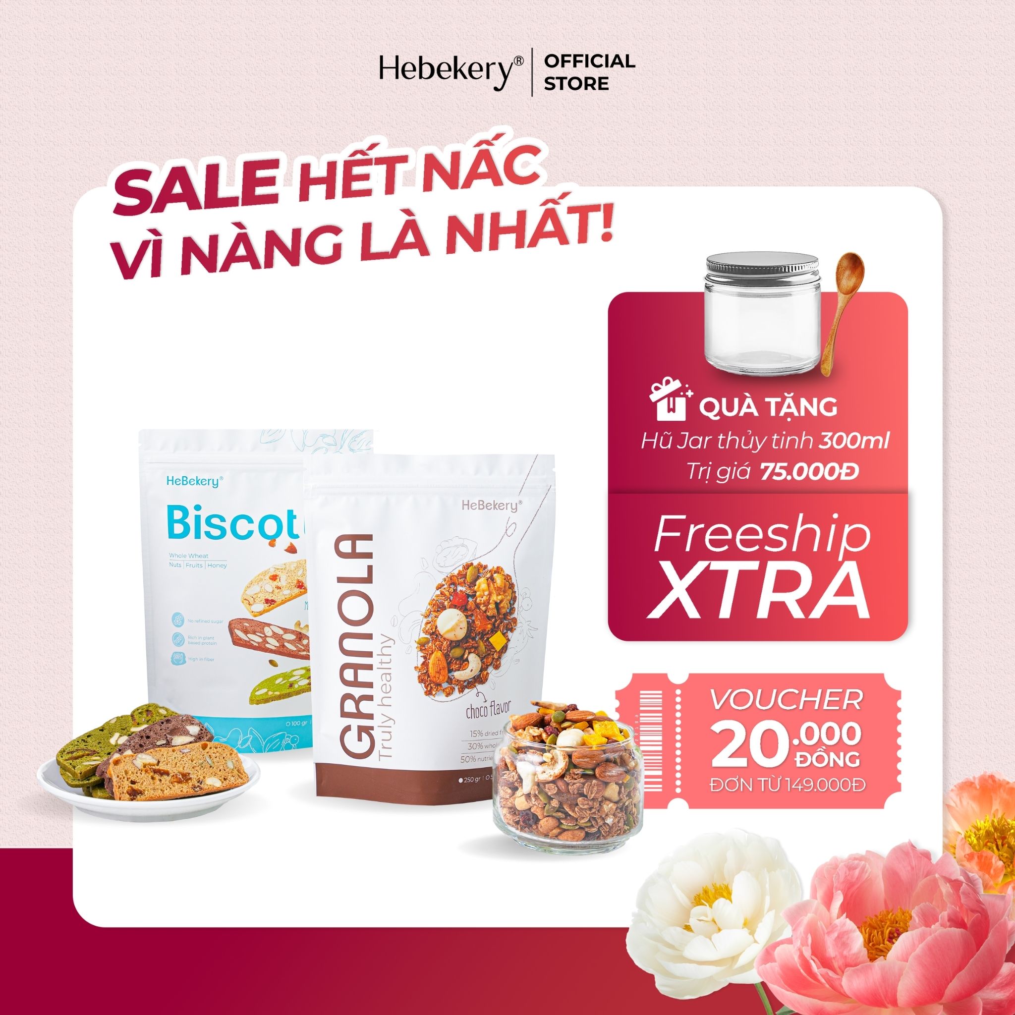 Combo 250g Granola + 250g Biscotti 3 Vị Ăn Kiêng Không Đường By HeBe