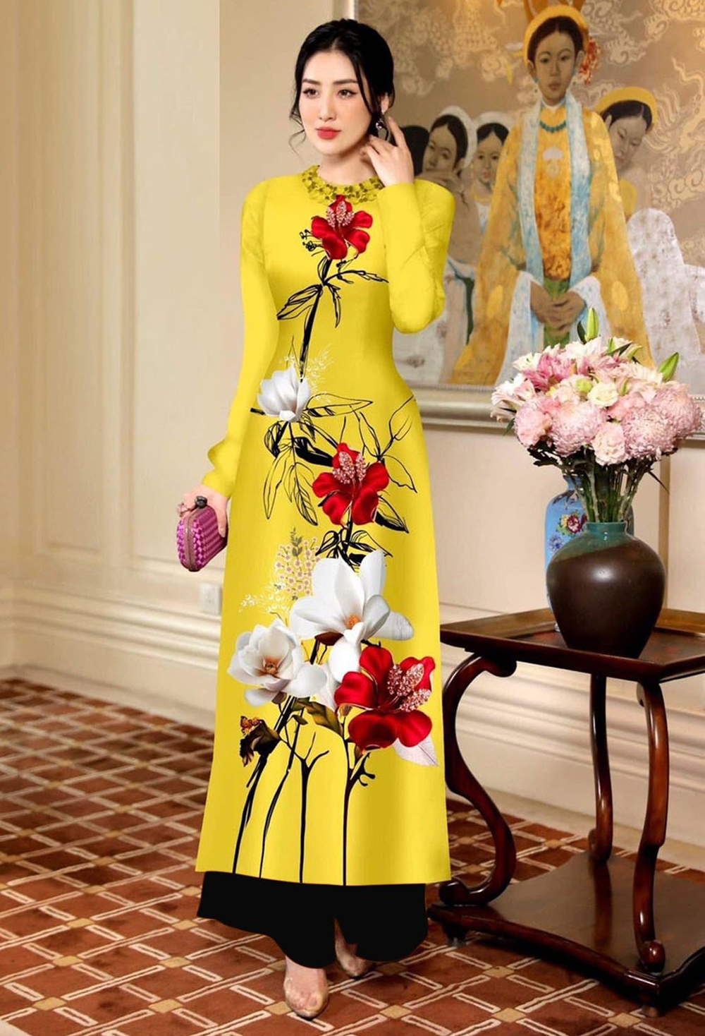 Áo dài in 3D họa tiết hoa lan cao cấp D030 - Khánh Linh style - Lady Fashion