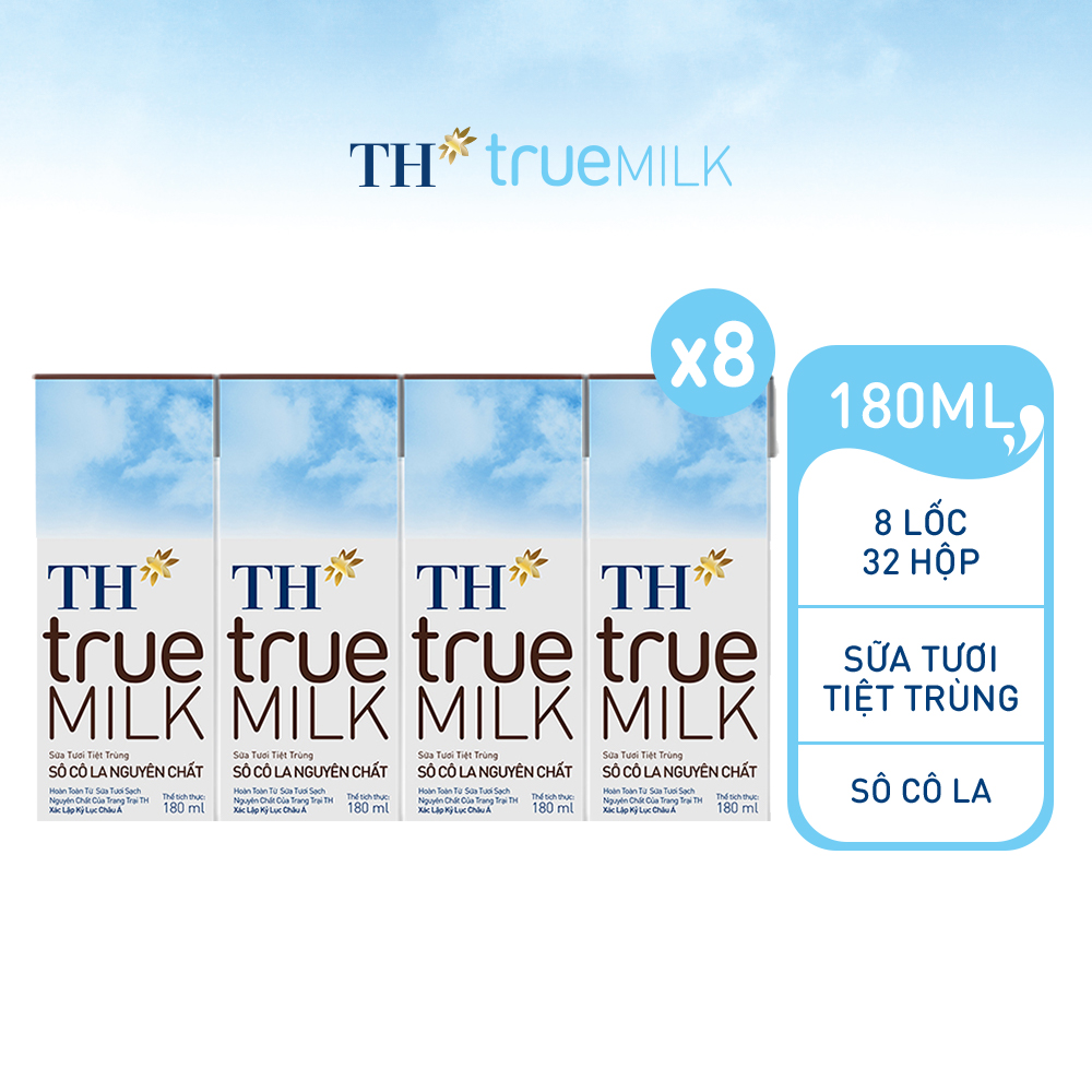 8 Lốc sữa tươi tiệt trùng sôcôla nguyên chất TH True Milk 180ml (180ml x 4 hộp)
