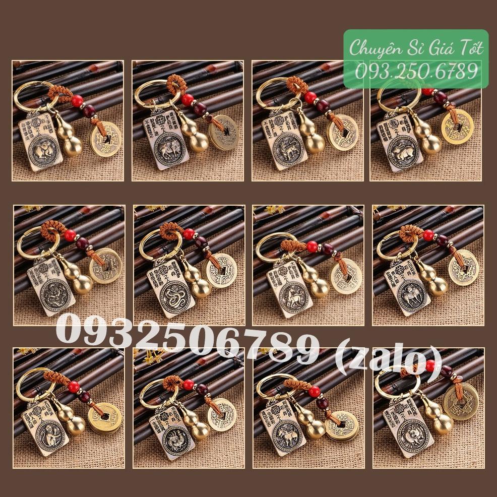 Móc Khóa 3 Món Dây Vàng 5 Đồng Xu,Quả Bầu Rỗng Mix Thẻ Bài 2 Mặt 8 Vị Phật Hộ Mệnh Phù Trợ 12 Con Giáp