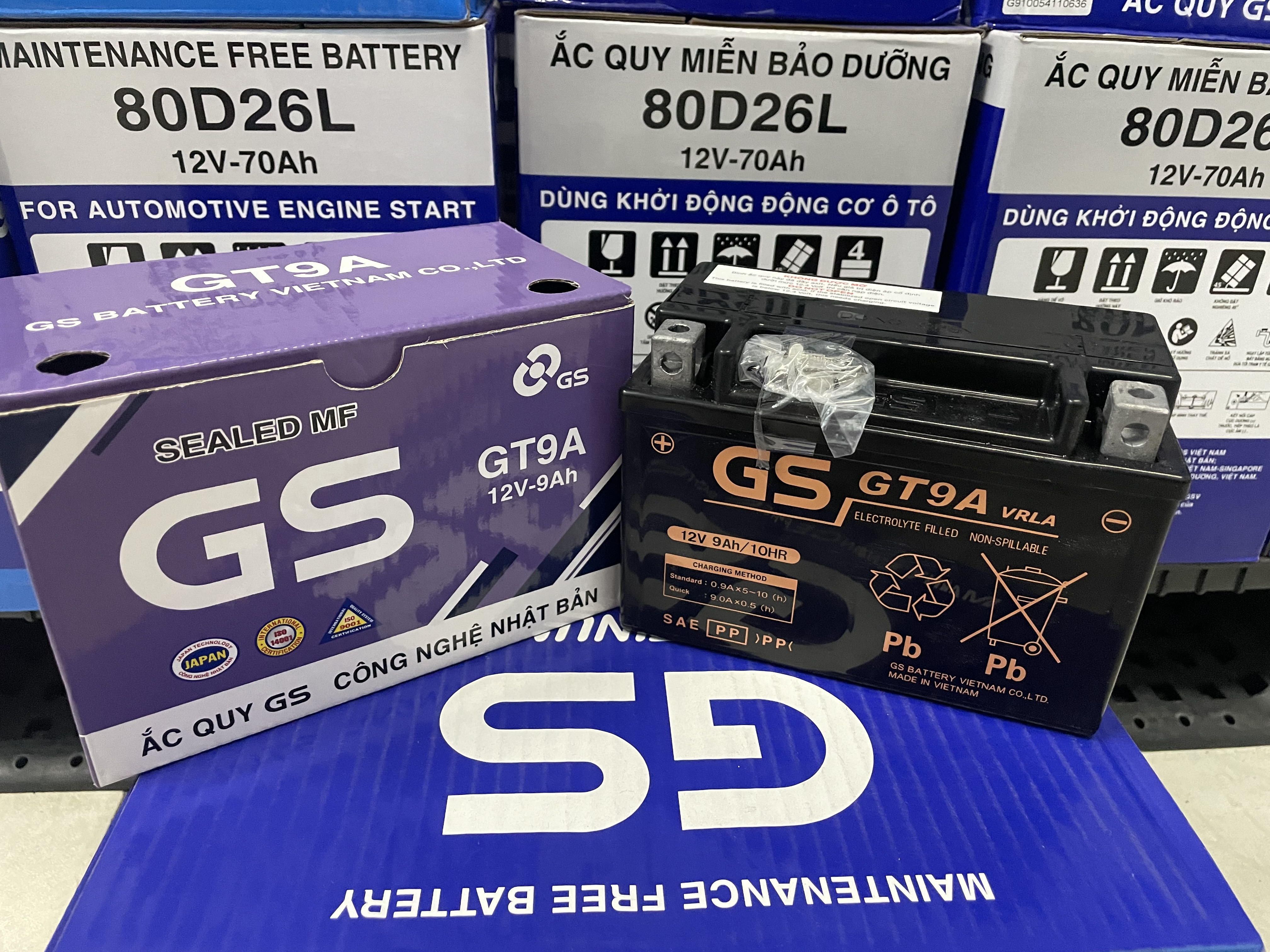 Ắc Quy GS GT9A  Ắc Quy khô miễn bảo dưỡng xe Atila, Excel, Shark Dylan JOYRIDE FLY Spacy, Majesty, vespa LX
