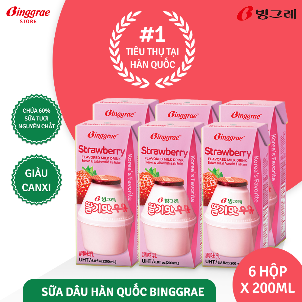 Lốc Sữa Dâu Hàn Quốc Binggrae Strawberry Milk (200ml x 6 hộp)