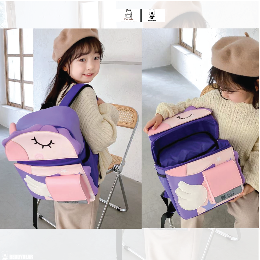 Balo cho Bé Gái Từ 05 tuổi BEDDYBEAR  - Cute Bag 2.0 Unicorn / Kỳ lân hồng - Ba lô Thiết kế chống gù lưng - phối da PU cao cấp - Bảo hành chính hãng 2 năm