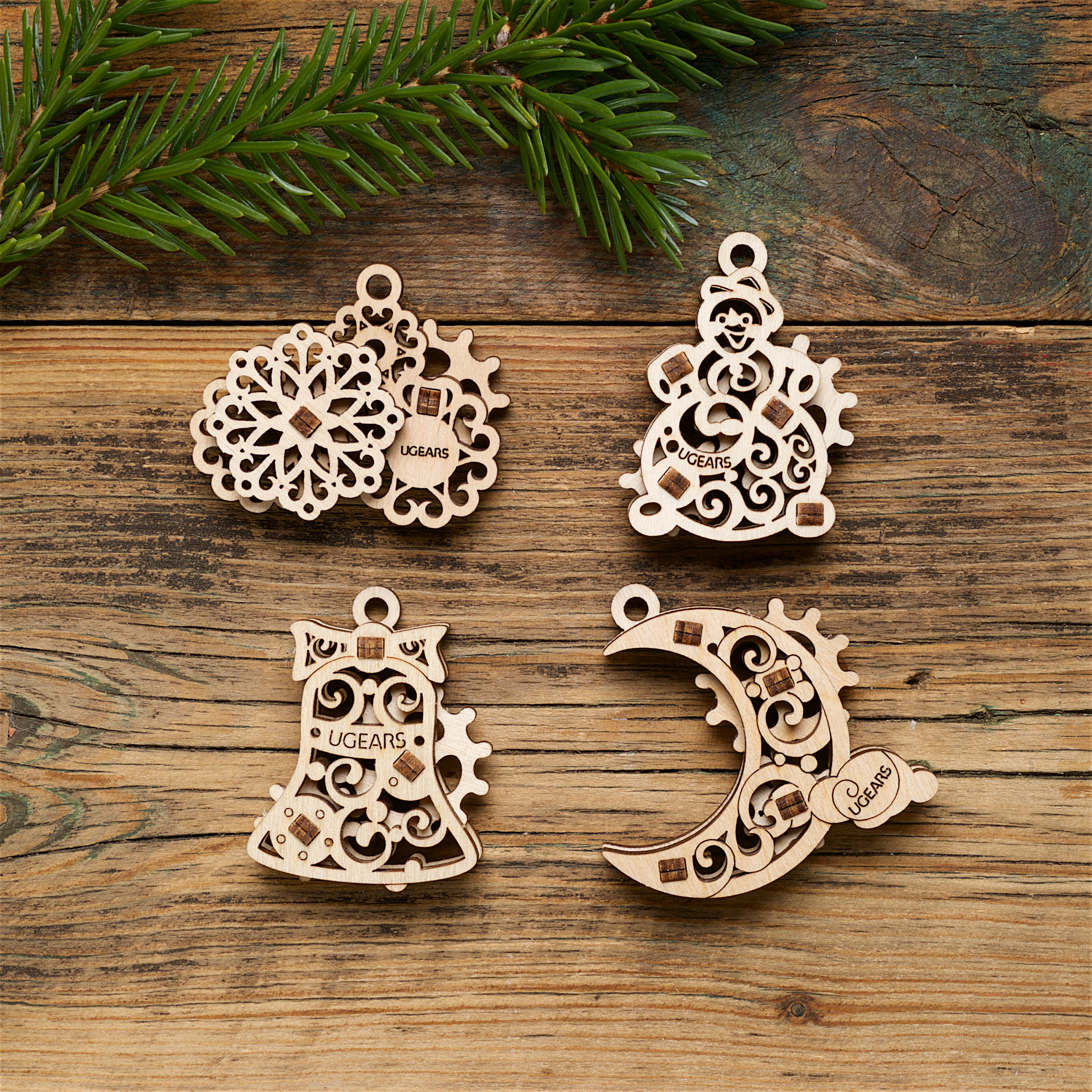 Mô Hình Gỗ Cơ Khí - U-Fidgets-Gearsmas - Set 4 tấm Trang trí Noel, sản phẩm chính hãng Ugears, nhập khẩu nguyên bộ từ EU, Fidget, DYI