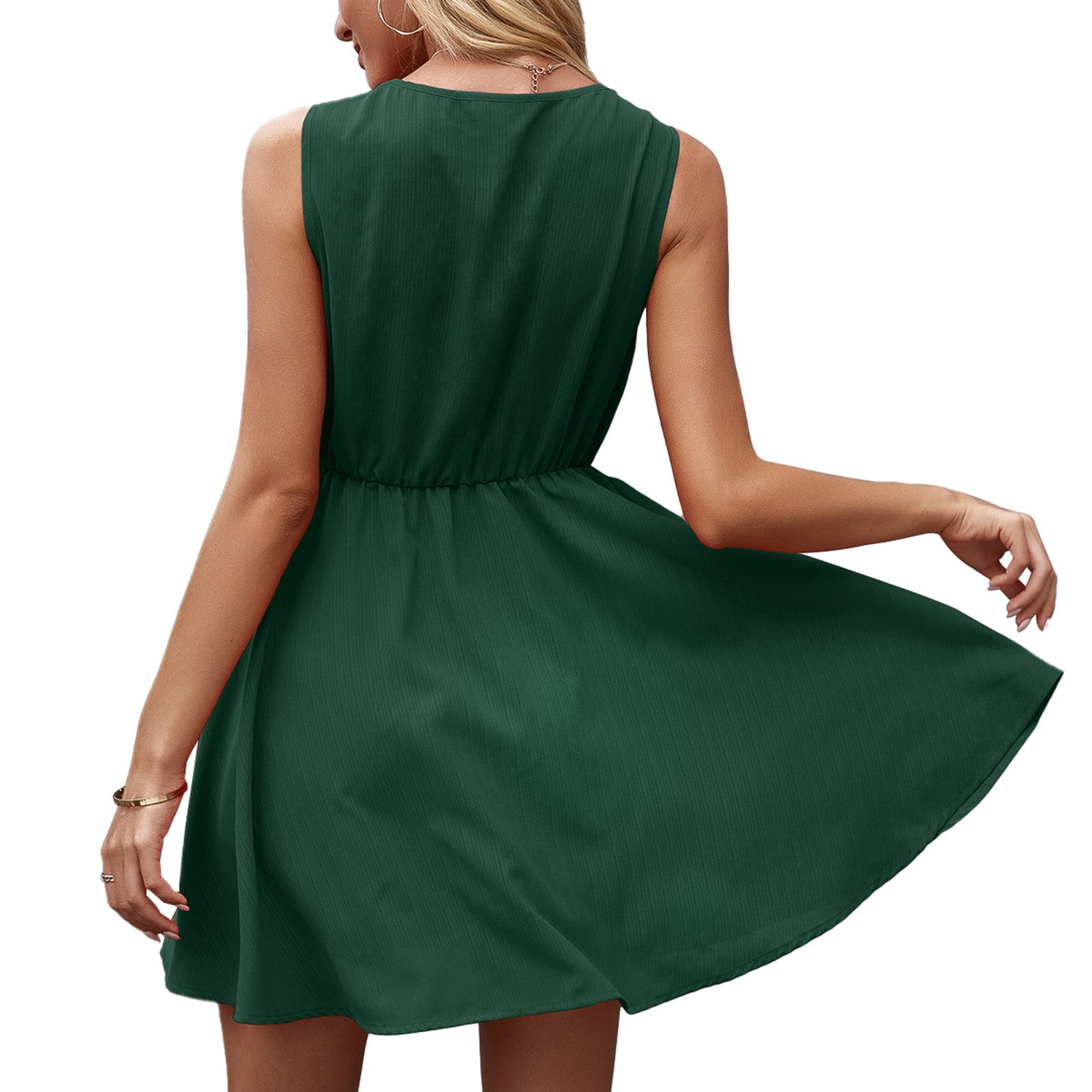 Fashion Women Solid Color Dress V Neck Sleeveless Button High Waist Loose Comfortable Mini Dress
