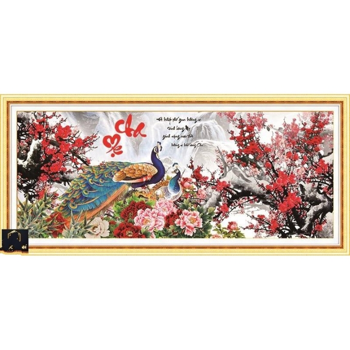 Tranh đính đá Cha Mẹ - cành đào hoa mẫu đơn - khách tự đính đá