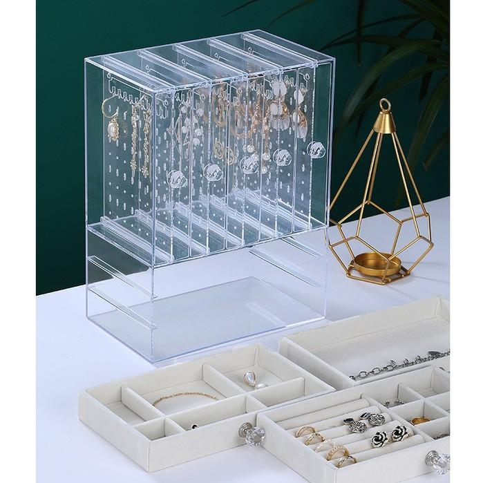 Hộp đựng trang sức treo dây chuyền bông tai, hộp đựng nhẫn đồng hồ nhiều ngăn chống bụi cao cấp