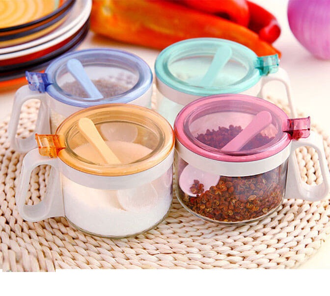 Bộ Kệ 3 Hũ Đựng Gia Vị Tròn Thủy Tinh Chống Ẩm Có Muỗng Cao Cấp