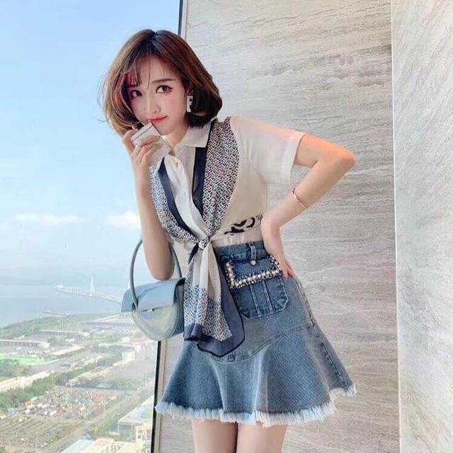 Set sơ mi khăn + chân váy bò Chất áo sơ mi nhẹ tênh ,mát Chân vây bò chất mềm co giãn Free size