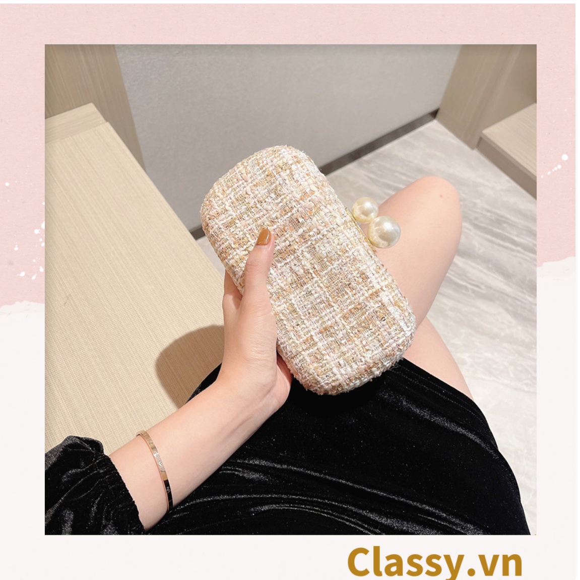 Clutch cầm tay đi tiệc màu be, vải tuýt sang trọng T312