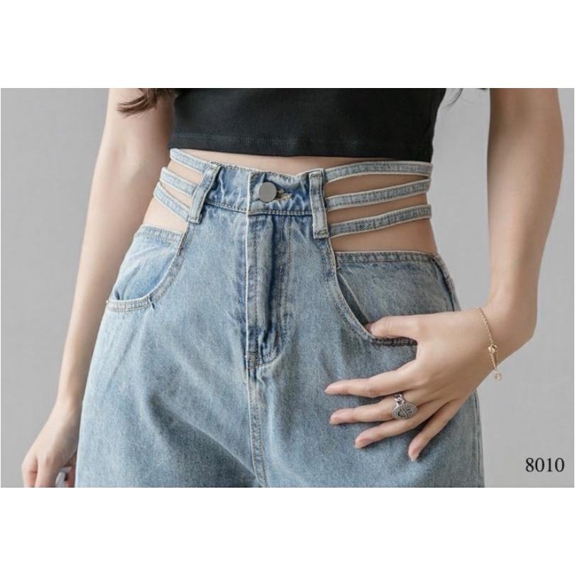 Quần jeans nữ ống rộng khoét eo đan dây