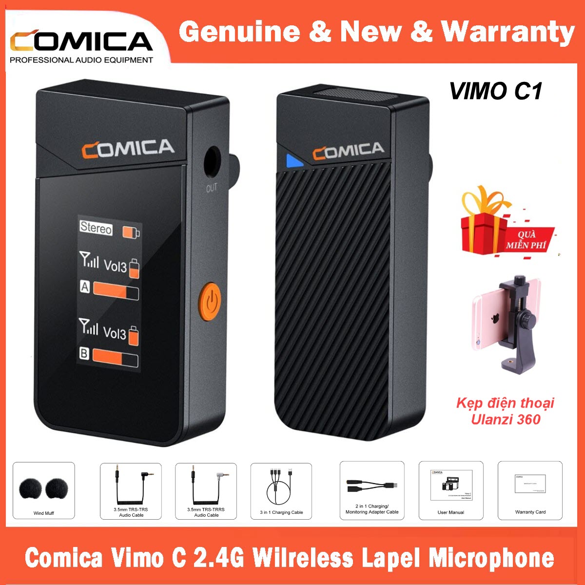 ROGTZ - Micro Thu Âm Không Dây Vimo  C Âm Thanh Chất Lượng Cao Lọc Tiếng Ồn Phạm Vi Thu Phát Song Rộng 200m Pin Lâu Hỗ Trợ Kiểm Âm Sạc Điện Thoại Dễ Sử Dụng Youtube Vlog Livestream Ghi Âm Giọng Nói 1/2 Micro  2.4GHz DSP 24bit/48kHz Hàng Chính Hãng