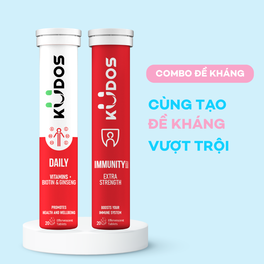 Combo Đề Kháng - Viên sủi KUDOS IMMUNITY gấp đôi đề kháng + Viên sủi vitamin tổng hợp và nhân sâm, Biotin KUDOS DAILY
