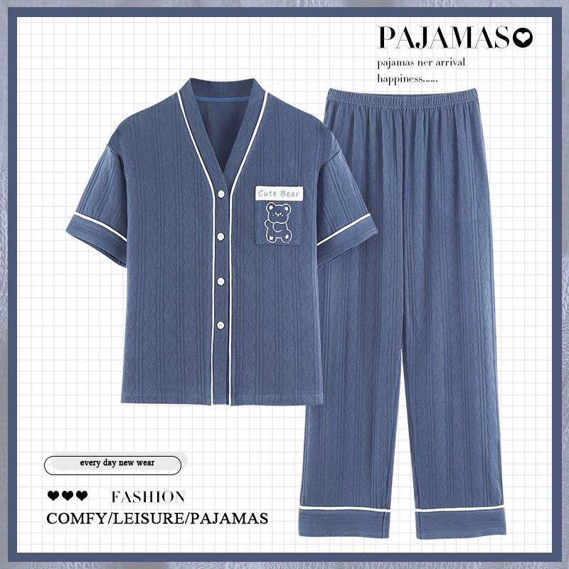 Bộ Mặc Nhà Pyjama Áo Cộc Quần Dài Cổ V Chất Cotton Thấm Hút Co Dãn Mềm Mại