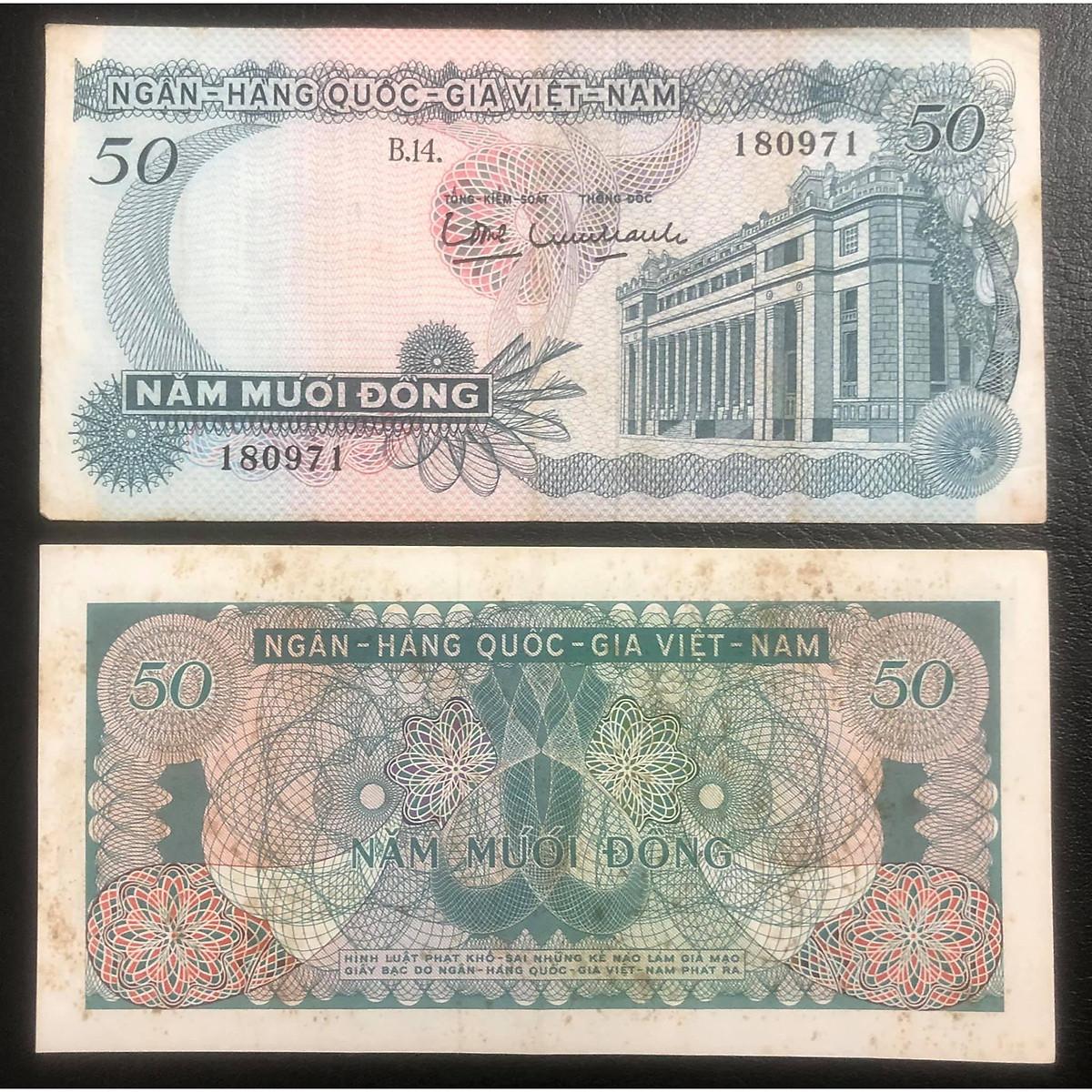Tiền xưa Việt Nam, tờ 50 đồng Hoa văn màu xanh, tiền xưa Việt Nam thật 100%, kèm theo bao bảo vệ