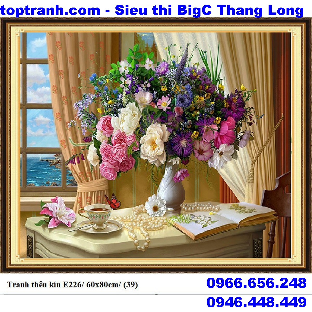 Tranh thêu chữ thập bình hoa ngũ sắc bên khung cửa sổ E226 chưa thêu