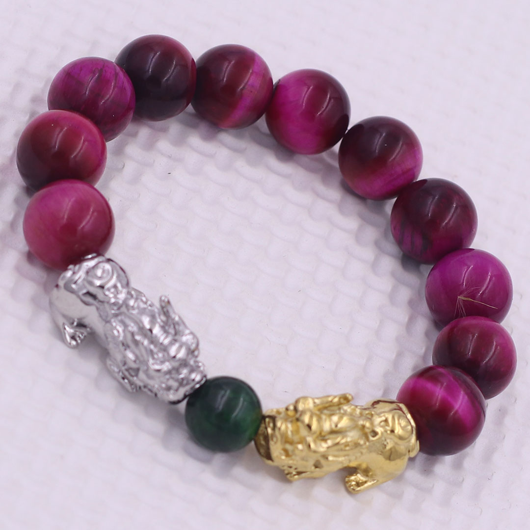 Vòng chuỗi đeo tay đá mắt hổ hồng 12 ly charm tỳ hưu đôi inox trắng và vàng, vòng chuỗi phong thủy, charm tỳ hưu, vòng tay hạt chuỗi