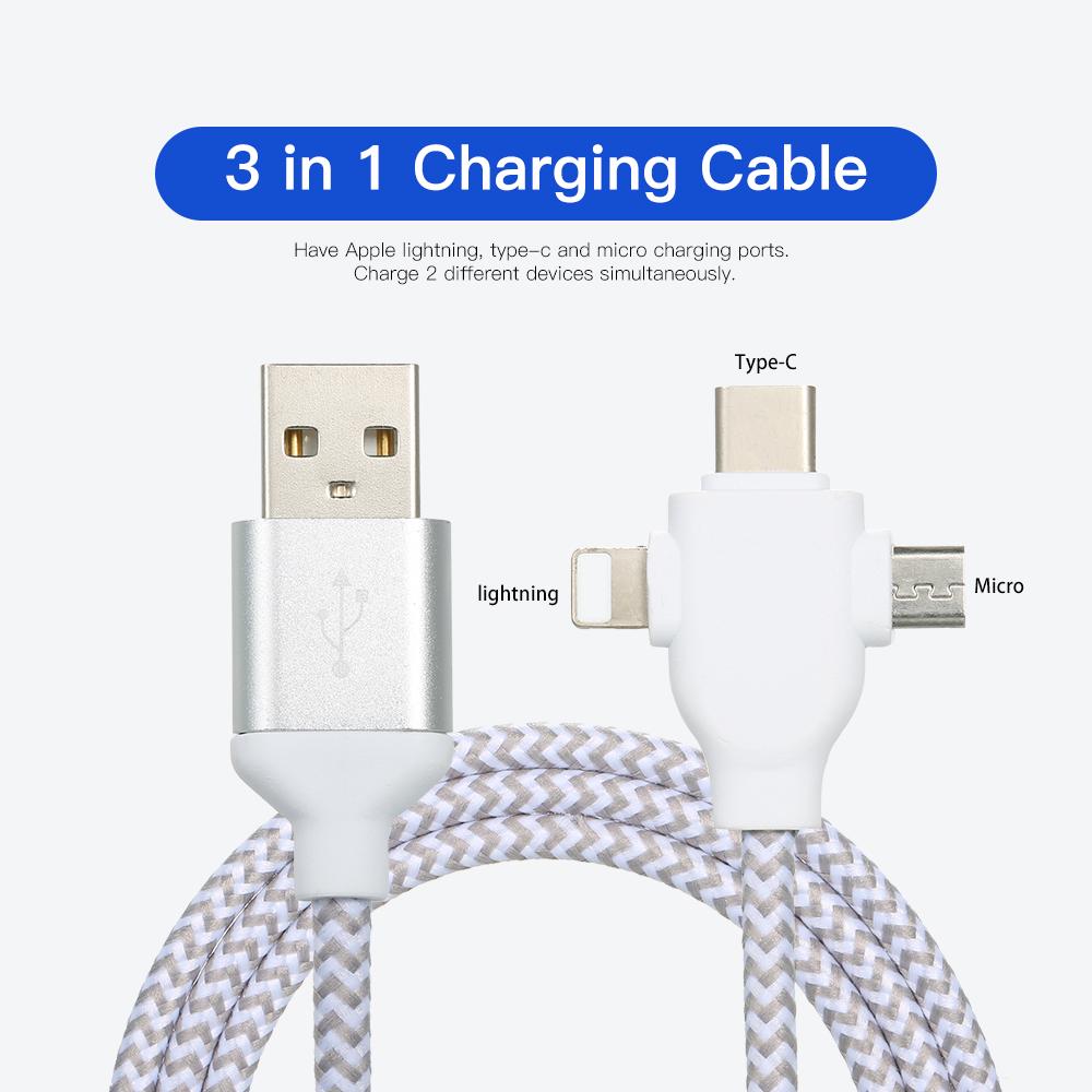3 in 1 Charging Cable Data Cable 2.4A with Micro USB/Type-c Replacement for iPhone Xiaomi Huawei Samsung Nylon Braided