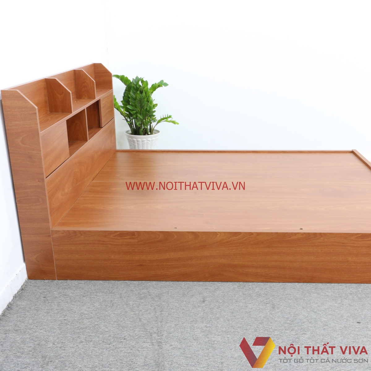 Giường Ngủ Gỗ MDF Melamine Màu Xoan Đào Có Kệ Trang Trí Đẹp Giá Rẻ