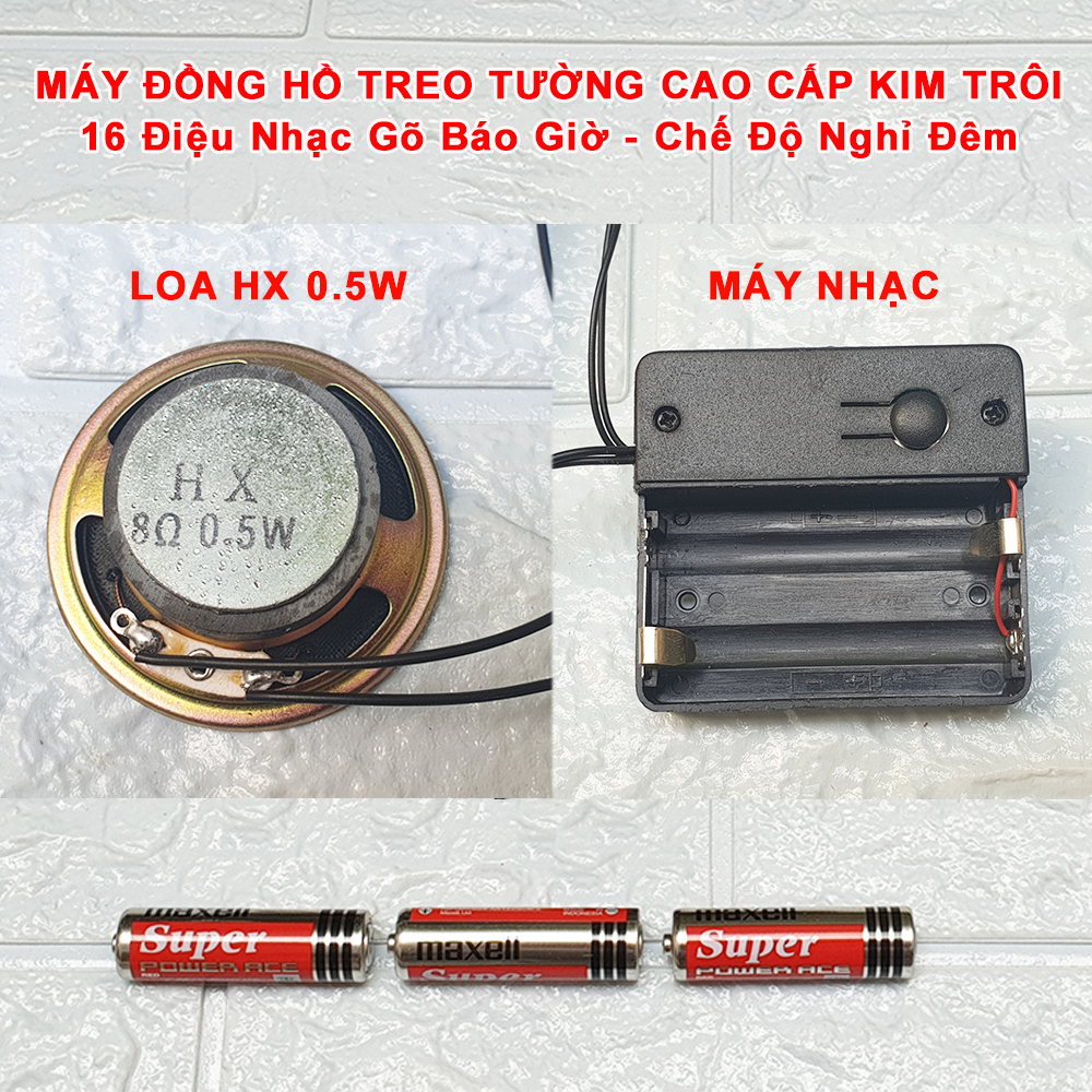 Bộ Máy Nhạc Chuông gồm 16 điệu Nhạc Gõ Báo giờ + Máy Đồng Hồ Kim Trôi Cao Cấp Eastar + Bộ Kim Vàng đồng có Dạ Quang – Kèm 03 Pin Maxell