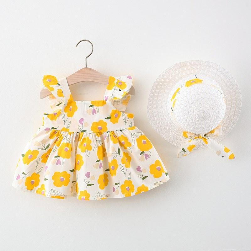 Váy đầm cho bé gái kèm mũ rộng vành xinh xắn, đầm đi biển cho bé từ 8-15kg Easy Baby