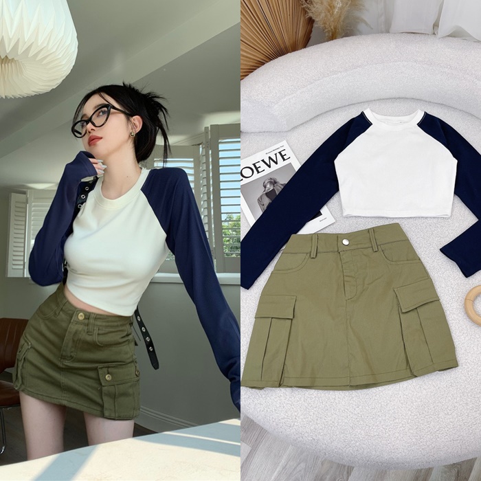 SET ÁO CROPTOP RAGLAN TRƠN TAY DÀI + CHÂN VÁY TÚI HỘP NGẮN LƯNG CAO DẠO PHỐ DỰ TIỆC GIÁNG SINH NOEL