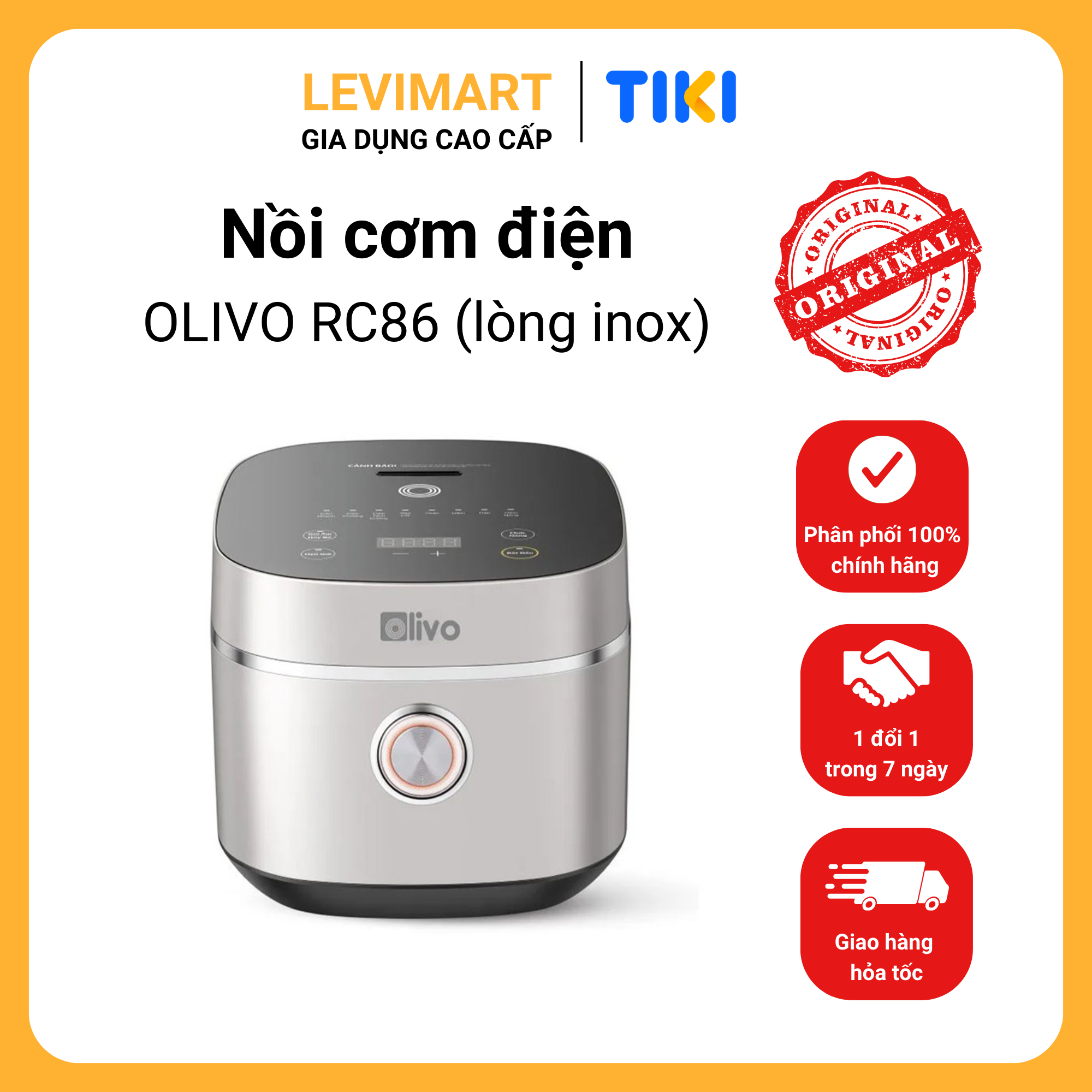[Hàng chính hãng] Nồi cơm điện Olivo RC86 - Chính hãng -  Lòng Nồi INOX 304 Chống Dính Tự Nhiên, Nấu Cơm Ngon, Thiết Kế Tinh Tế, Sang Trọng
