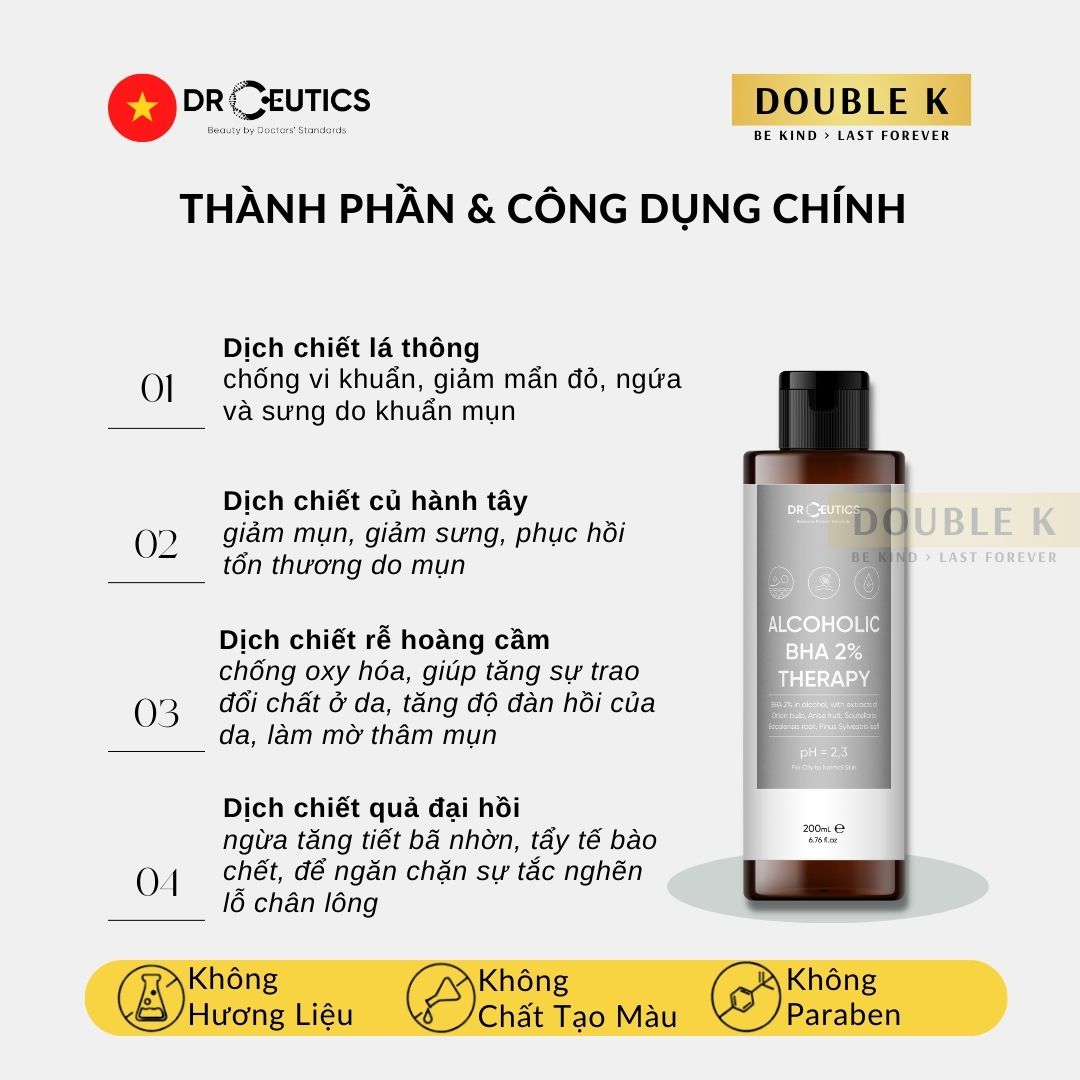 DrCeutics Alcoholic BHA 2% Therapy - Giảm và Ngừa Mụn, Loại Bỏ Tế Bào Chết, Mềm Mịn Da - Double K