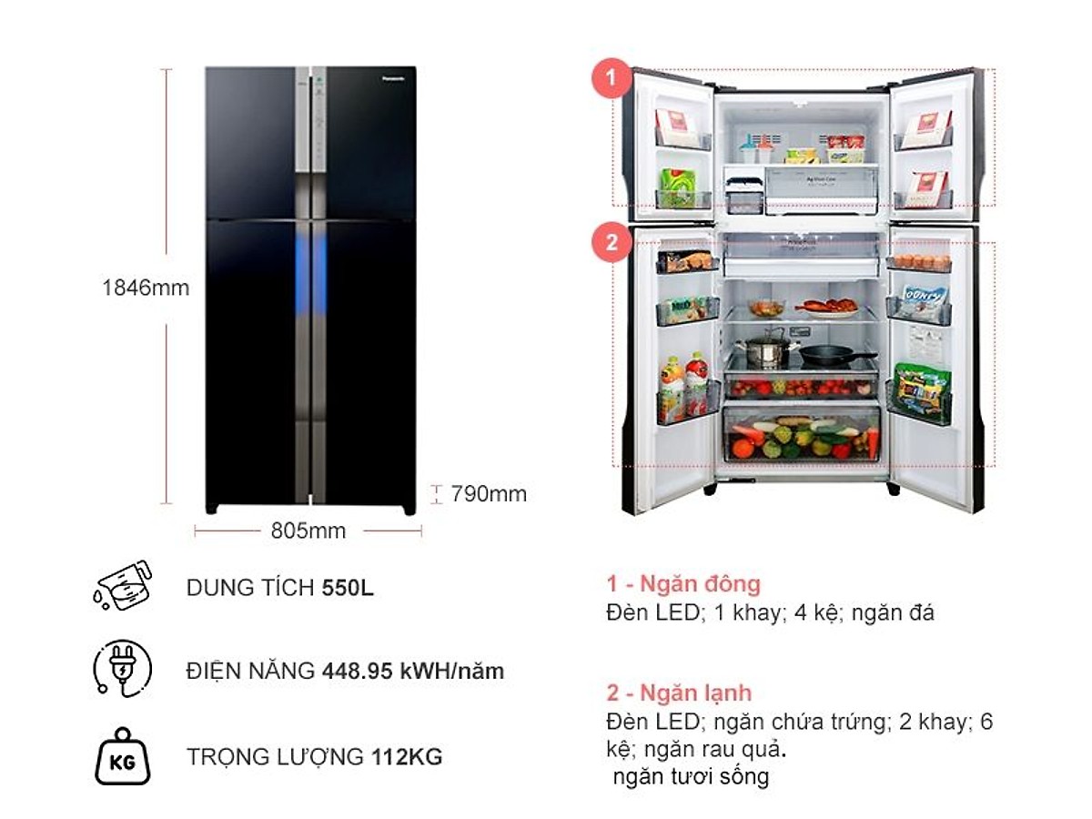 Tủ lạnh 4 cánh Inverter Panasonic NR-DZ600GXVN 550 Lít - Hàng Chính Hãng + Tặng Bình Đun Siêu Tốc