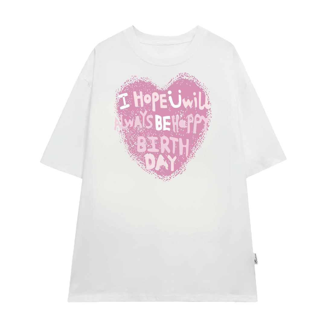 Áo Thun Form Rộng In Trái Tim Birthday Cute – Cotton Mềm Mát Unisex Nam Nữ